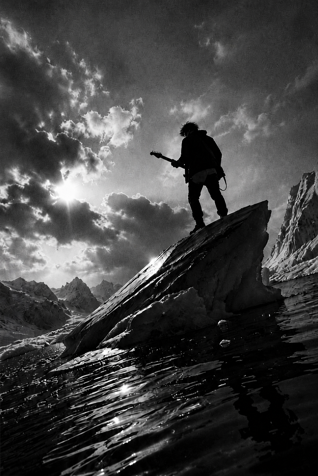 A guitarist standing on a mountain beneath a dramatic sky